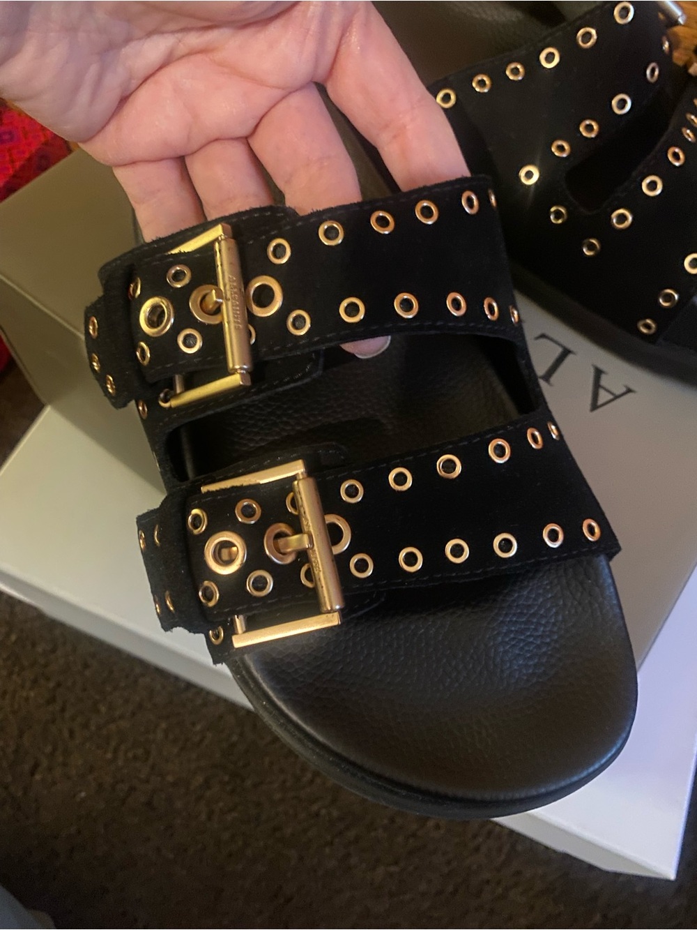 AllSaints Khai Black Slide Sandals with Gold Grommet Buckles Sz 8 - Picture 5 of 10